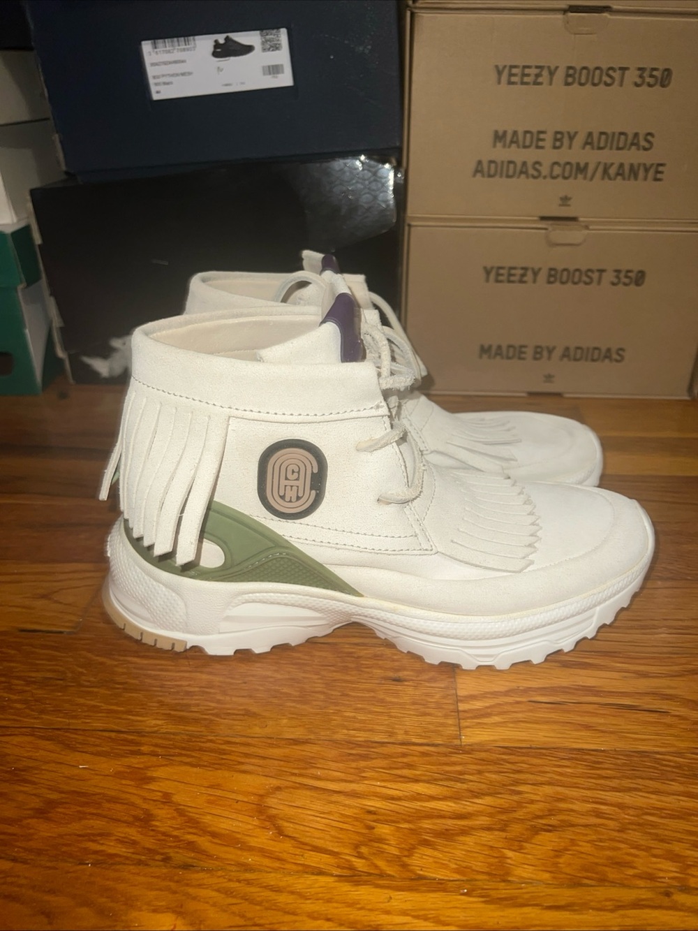 Coach cream  Fringe High-Top Sneakers with Olive accent